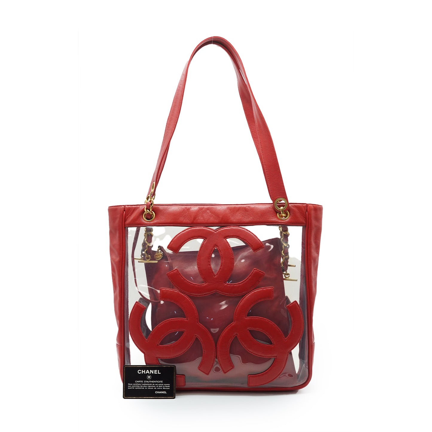 Triple CC Mark Red Transparent Enamel Vinyl Tote Bag