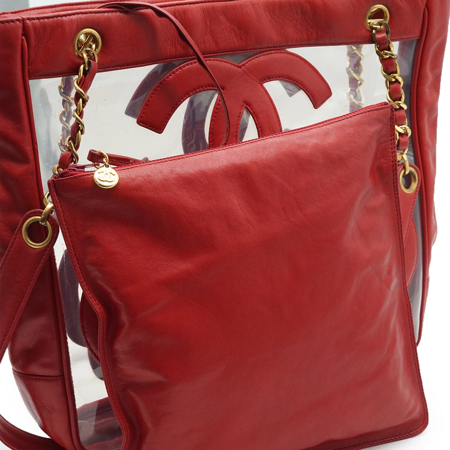 Triple CC Mark Red Transparent Enamel Vinyl Tote Bag
