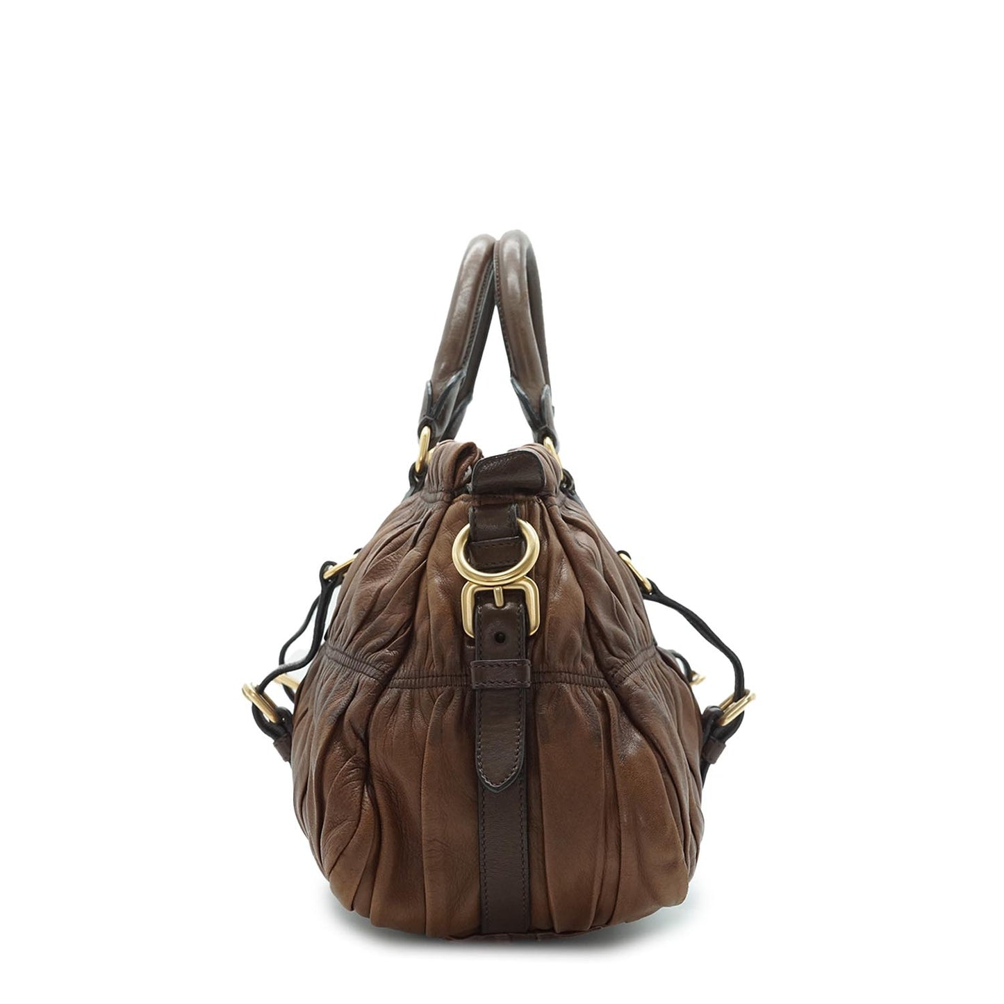 Brown Gathered Leather 2Way Handbag