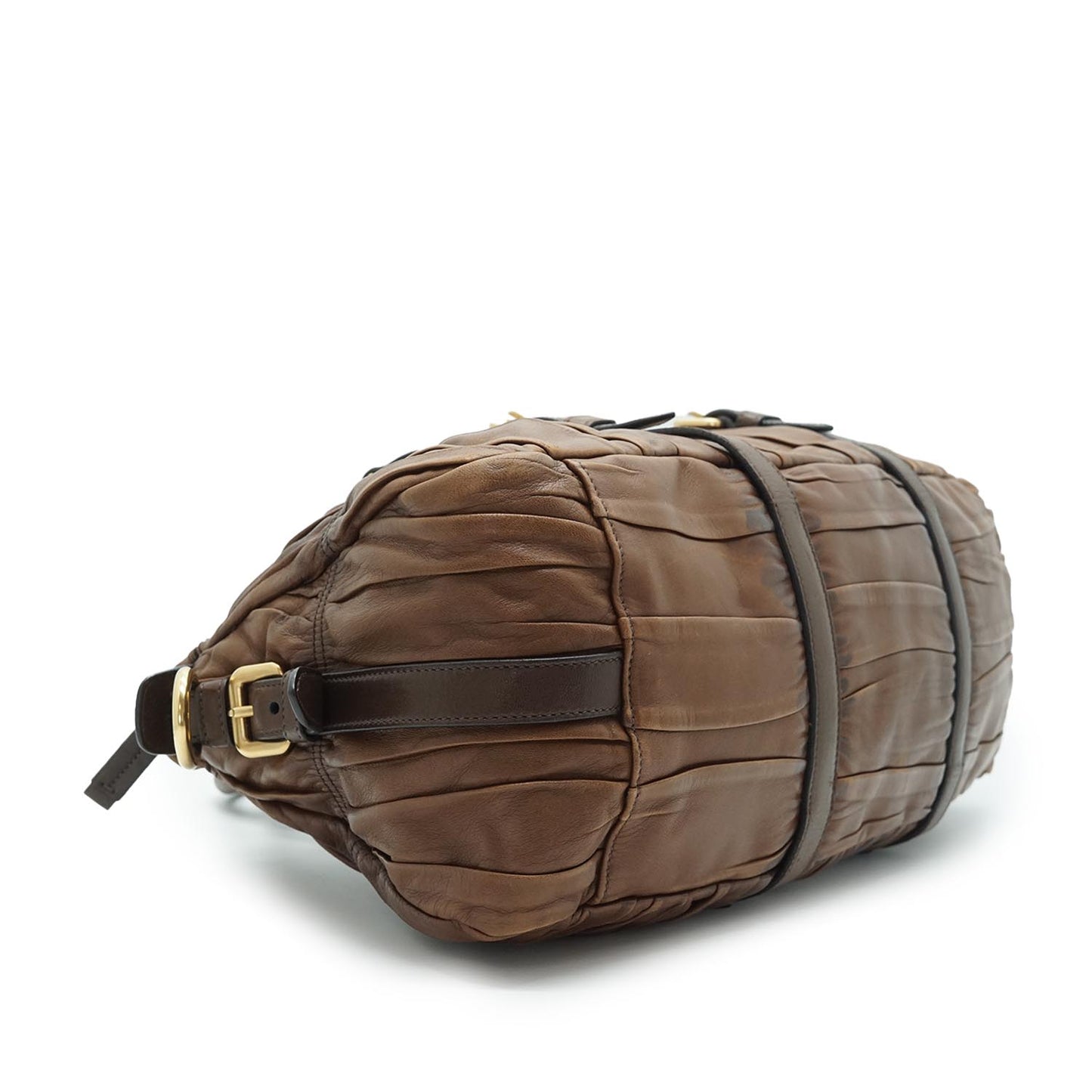 Brown Gathered Leather 2Way Handbag