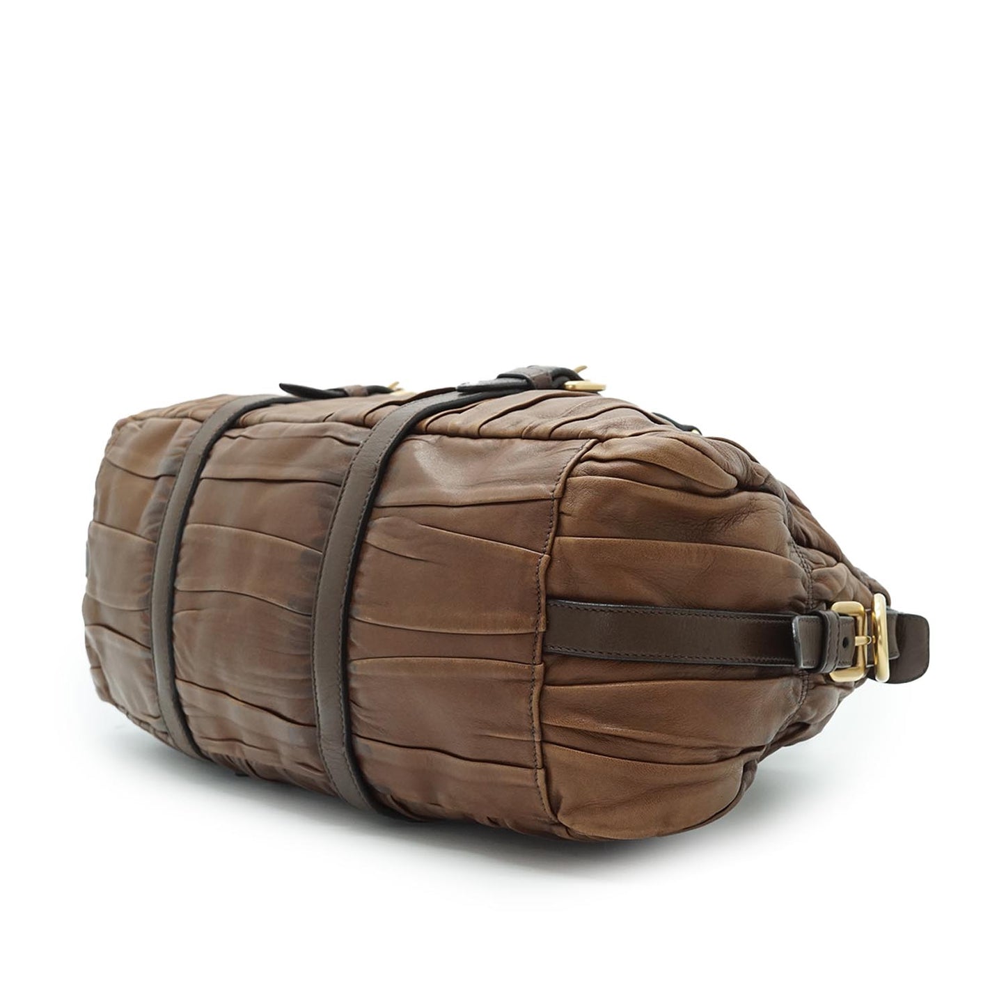 Brown Gathered Leather 2Way Handbag