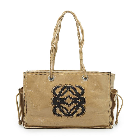 Beige Enamel Silver Hardware Anagram Tote