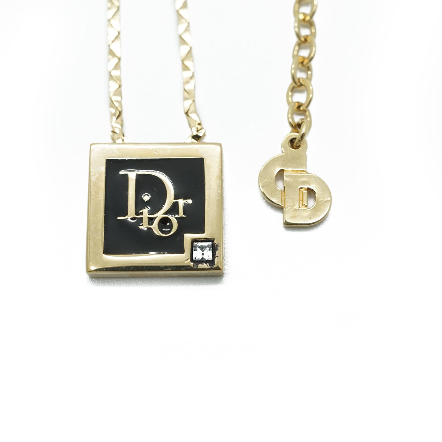 Vintage Dior Logo Square Plate Rhinestone Necklace