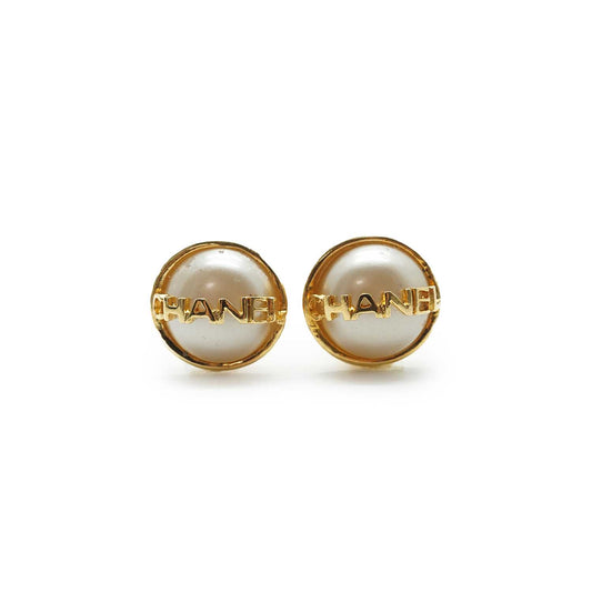 Artificial Pearl Logo Clip Earrings