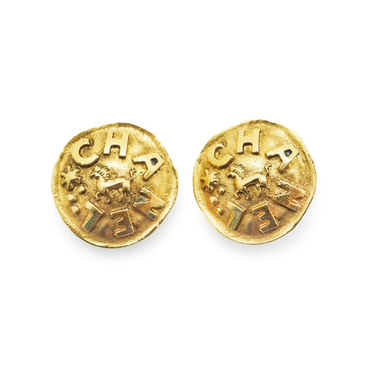 Letter Logo Lion Button Clip Earrings GP
