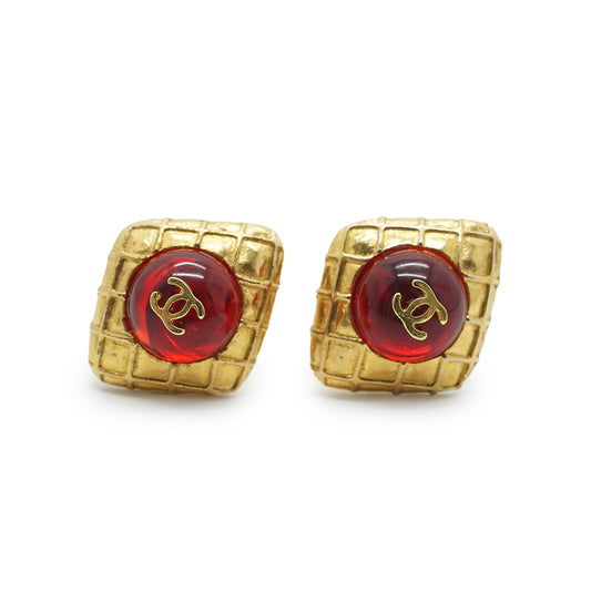 Coco Mark Red Stone Diamond-shape Clip-on Earrings GP