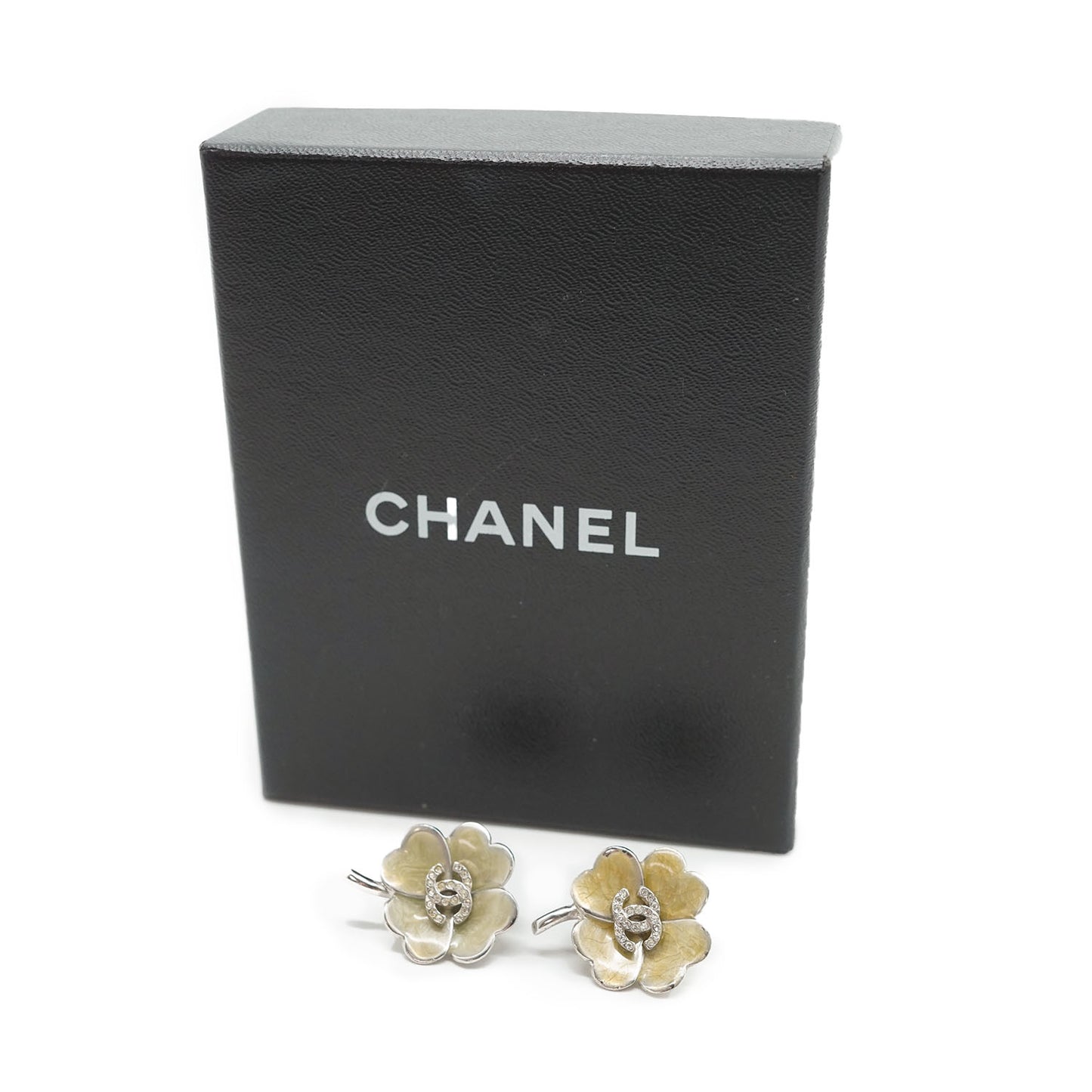 CC Rhinestone Logo Four Leaf Clover Clip Earrings