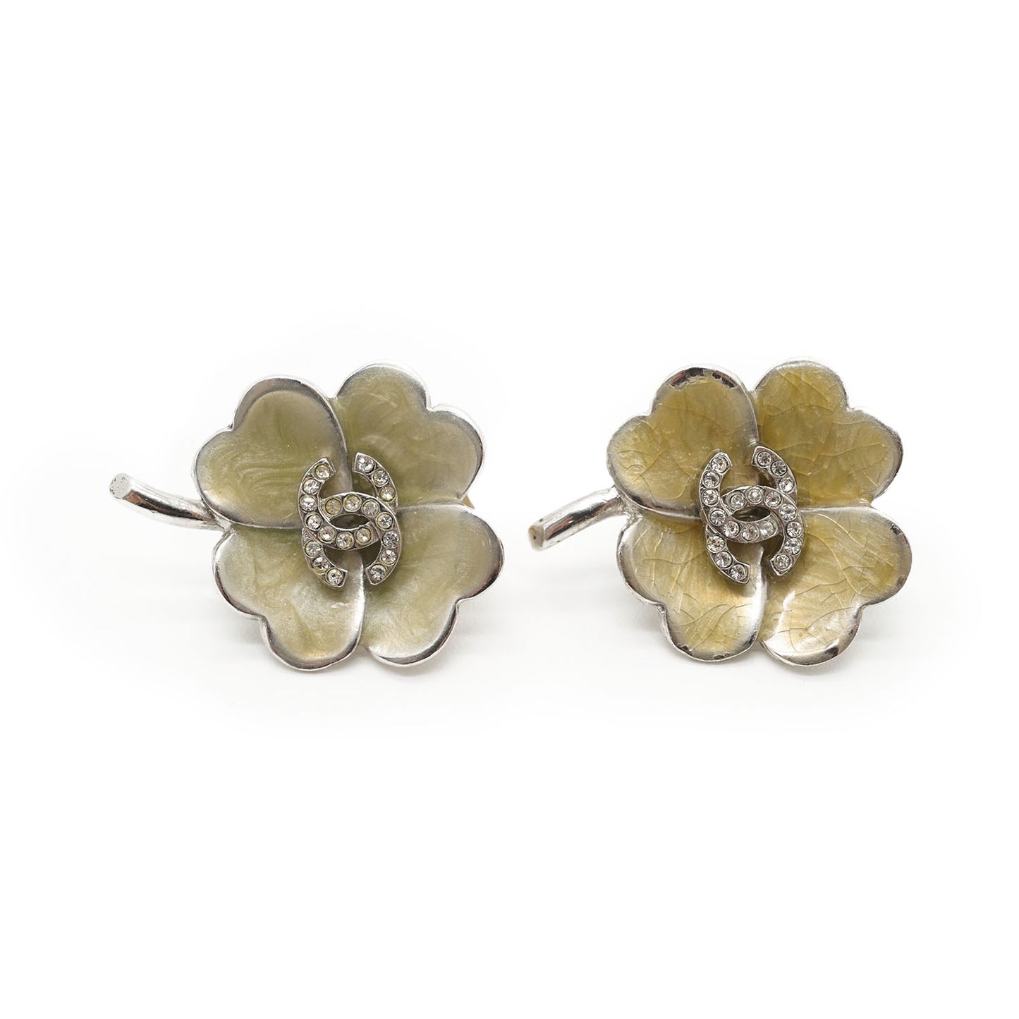 CC Rhinestone Logo Four Leaf Clover Clip Earrings
