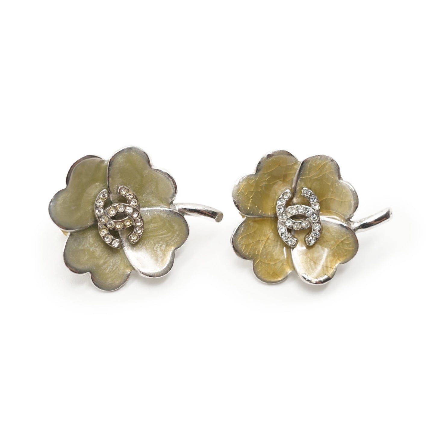 CC Rhinestone Logo Four Leaf Clover Clip Earrings