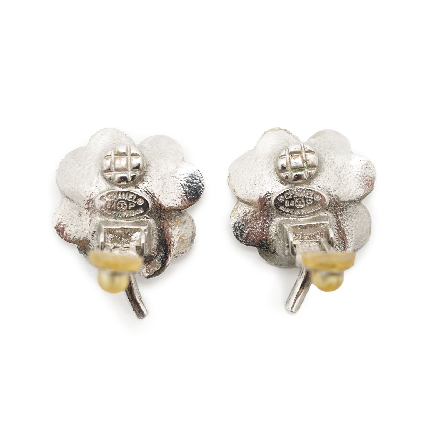CC Rhinestone Logo Four Leaf Clover Clip Earrings