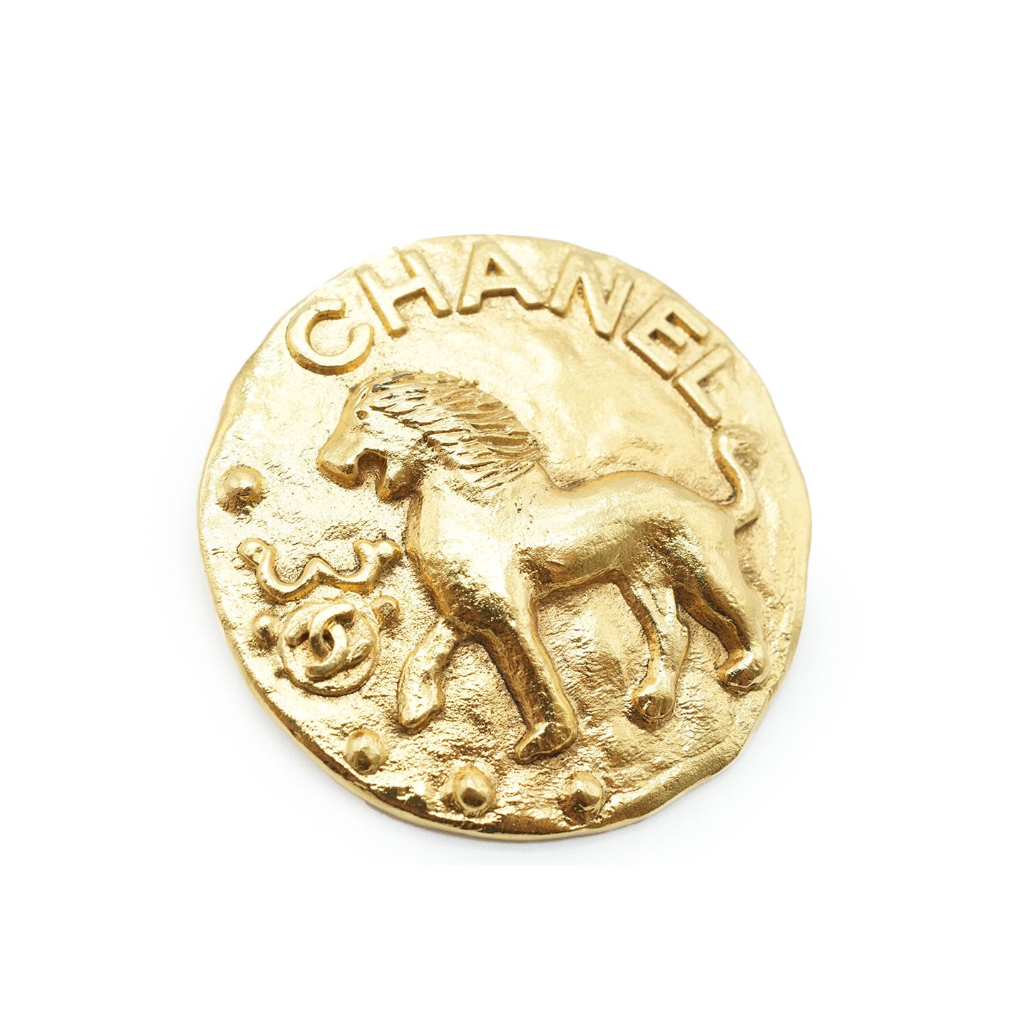 Chanel Mark Lion Motif Round Gold Brooch