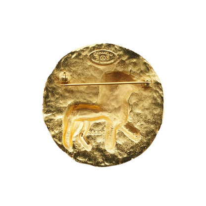 Chanel Mark Lion Motif Round Gold Brooch