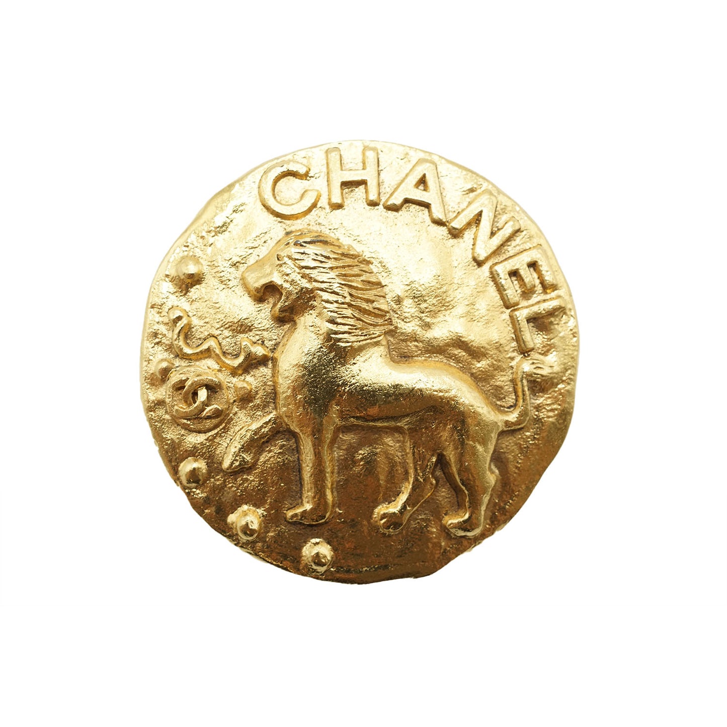 Chanel Mark Lion Motif Round Gold Brooch