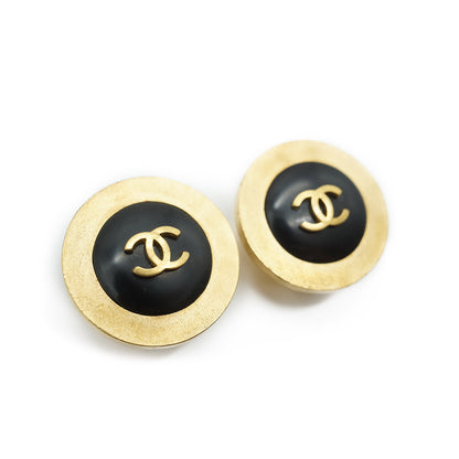 CC Mark Gold Black Round Clip Earrings