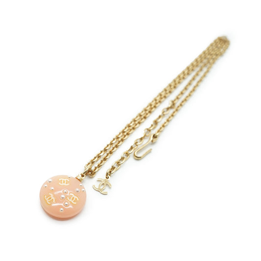 CC Logo Pearl Round Pendant Chain Necklace