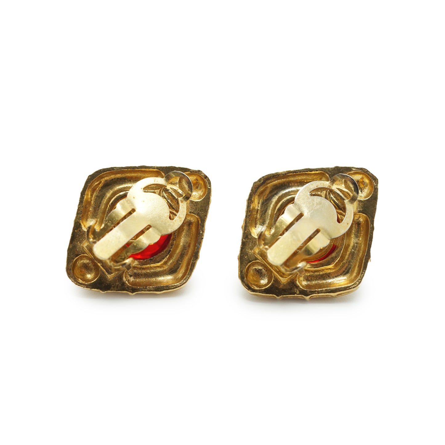 Coco Mark Red Stone Diamond-shape Clip-on Earrings GP