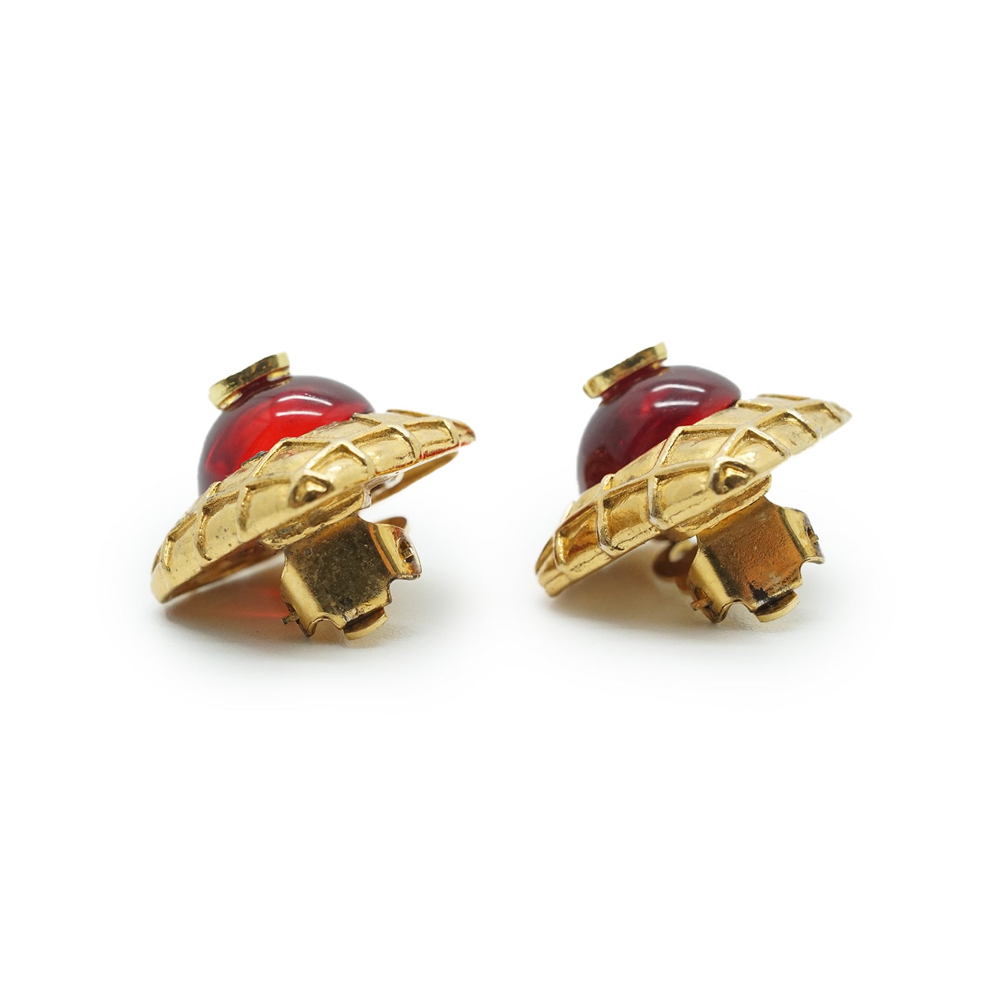 Coco Mark Red Stone Diamond-shape Clip-on Earrings GP