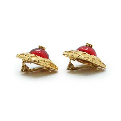 Coco Mark Red Stone Diamond-shape Clip-on Earrings GP