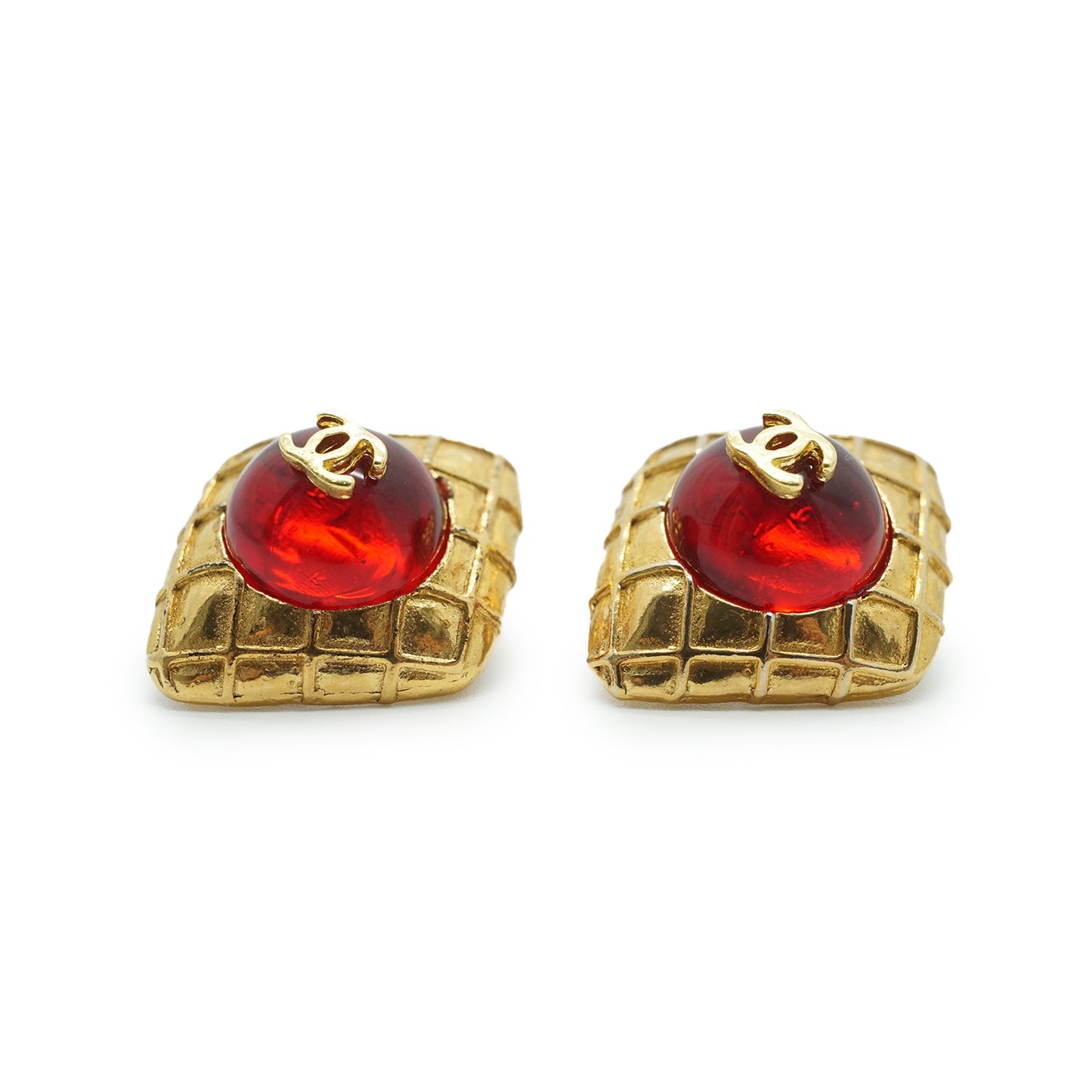 Coco Mark Red Stone Diamond-shape Clip-on Earrings GP
