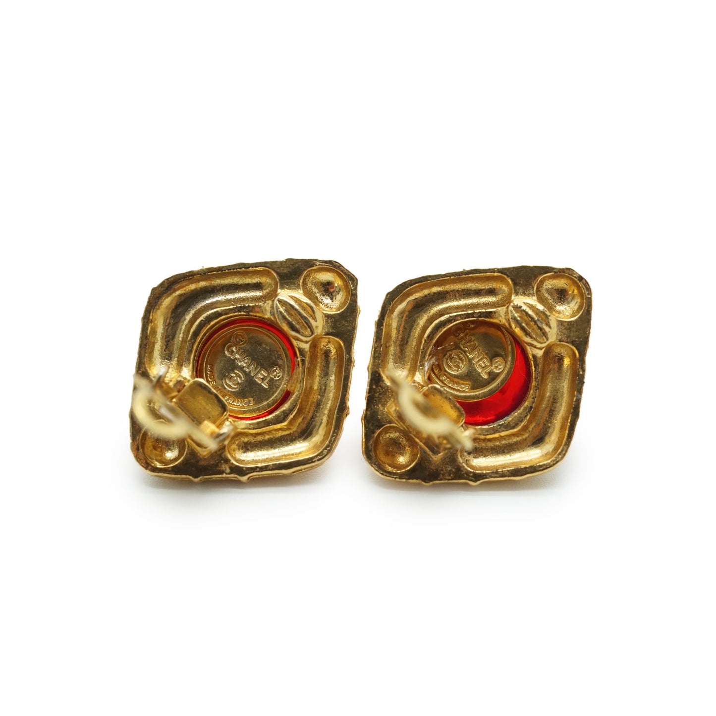 Coco Mark Red Stone Diamond-shape Clip-on Earrings GP