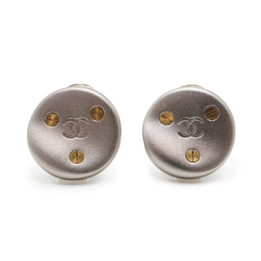 CC Logo Screw Design Silver Gold Button Clip Earrings
