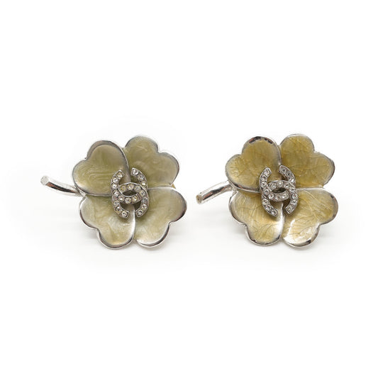 CC Rhinestone Logo Four Leaf Clover Clip Earrings