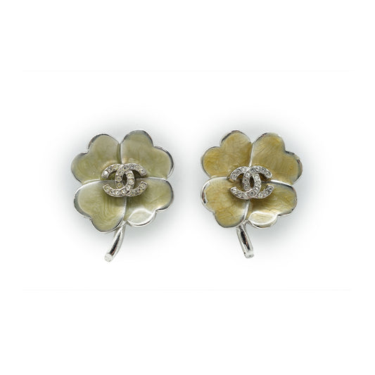 CC Rhinestone Logo Four Leaf Clover Clip Earrings