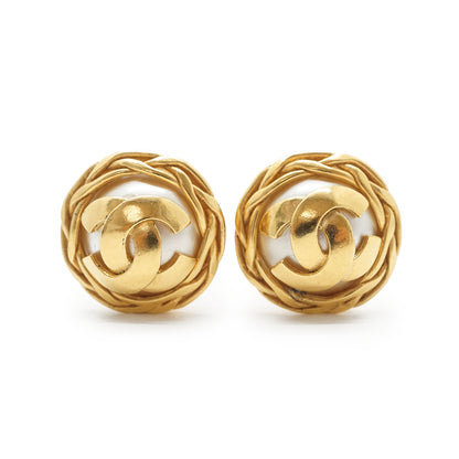 CC Logo Artificial Pearl Round Clip-On Earrings GP