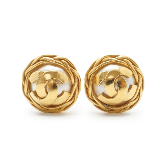 CC Logo Artificial Pearl Round Clip-On Earrings GP
