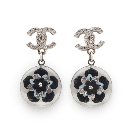 CC Logo Camellia Rhinestone Drop Earrings