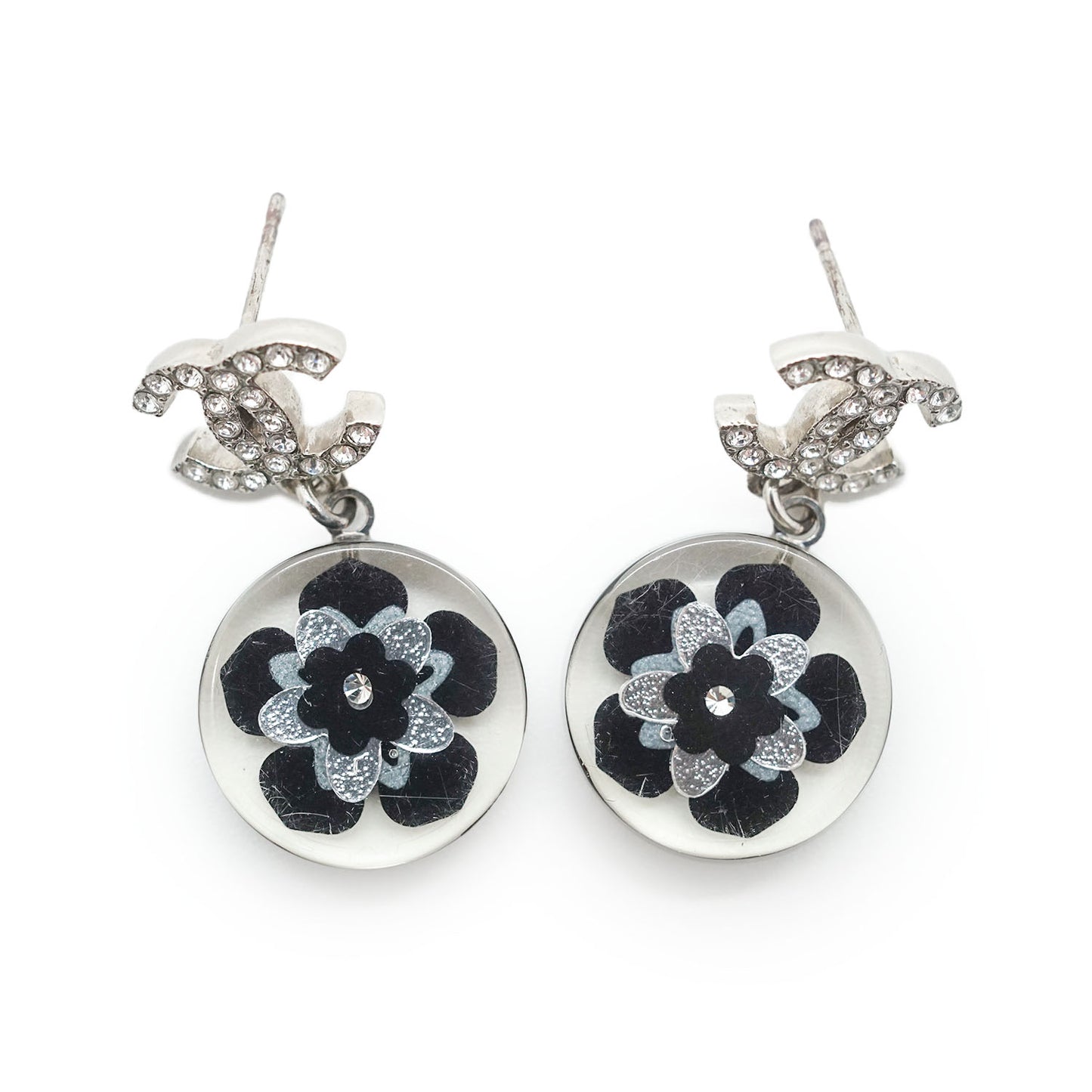 CC Logo Camellia Rhinestone Drop Earrings