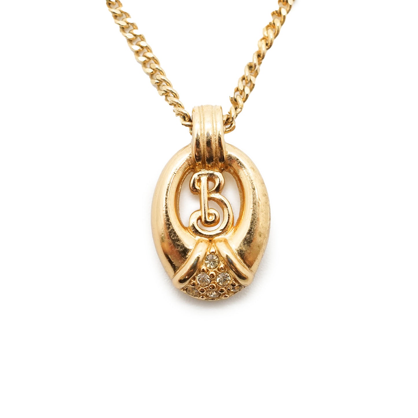 Vintage B Logo Rhinestone Pendant Necklace