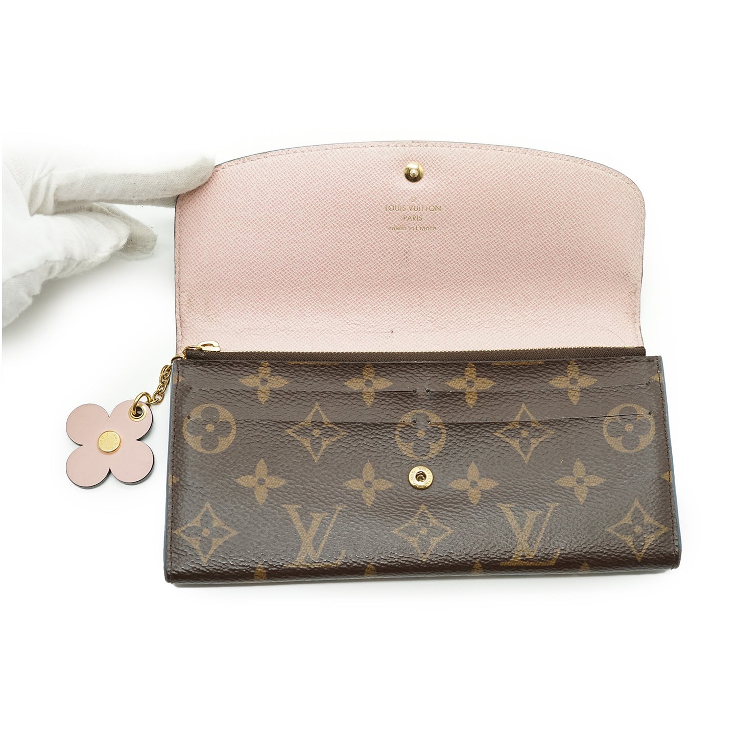 Monogram Portefeuille Emilie Blue Jean Pink Flower Charm