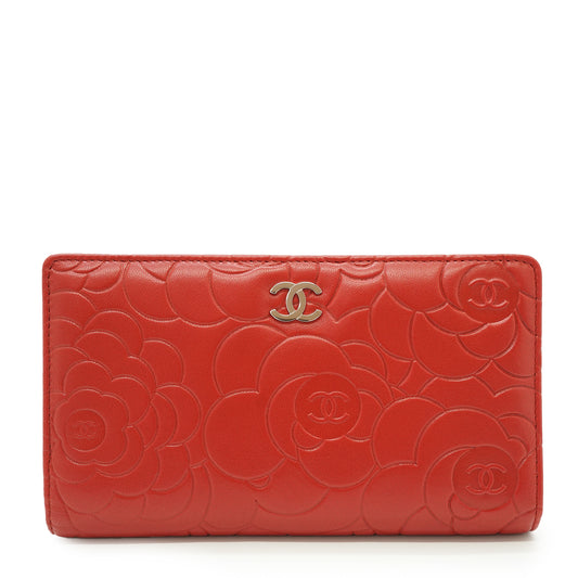Camellia Embossed Lambskin Bifold Long Wallet