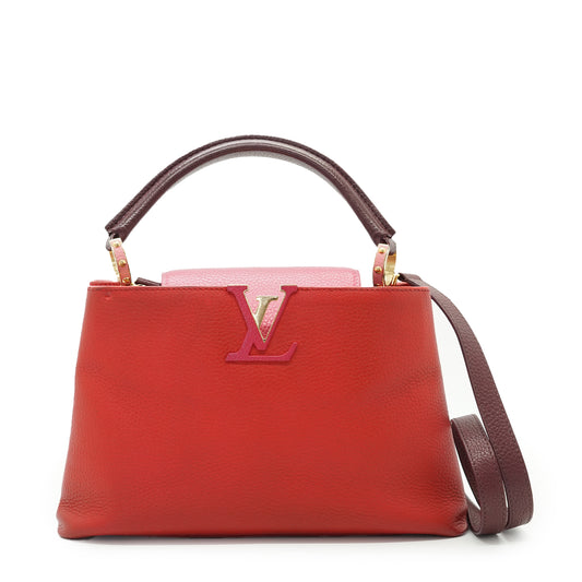 Capucines MM Taurillon Leather Tricolor Rubis Magnolia Violine