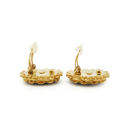 CC Bicolor Chain-Trim Large Round Clip-on Earrings GP