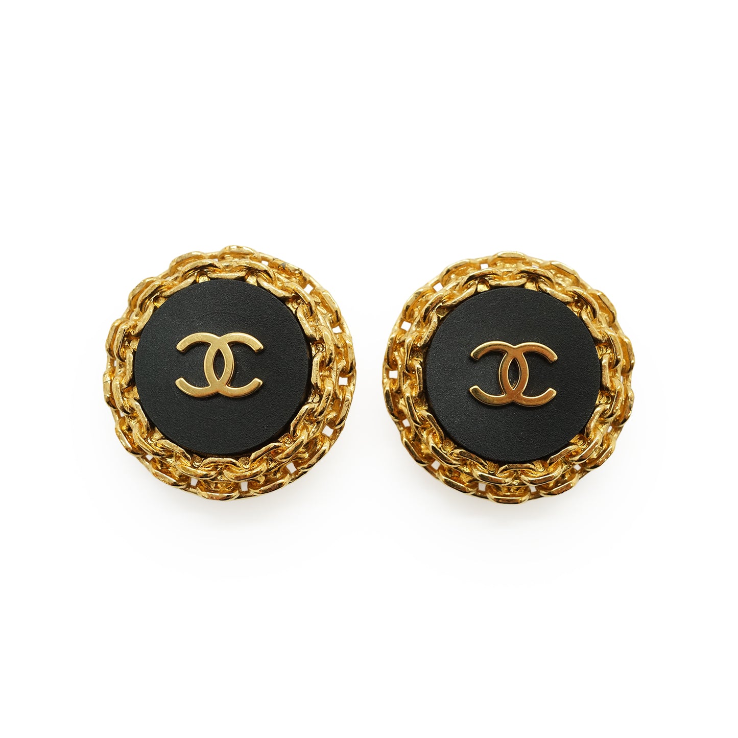 CC Bicolor Chain-Trim Large Round Clip-on Earrings GP