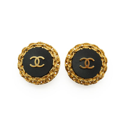 CC Bicolor Chain-Trim Large Round Clip-on Earrings GP