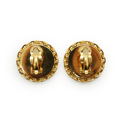 CC Bicolor Chain-Trim Large Round Clip-on Earrings GP