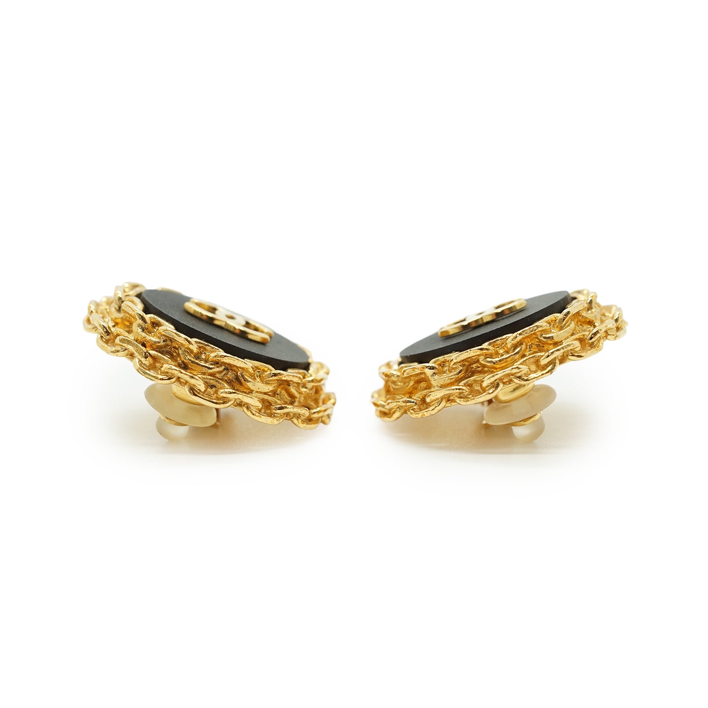 CC Bicolor Chain-Trim Large Round Clip-on Earrings GP
