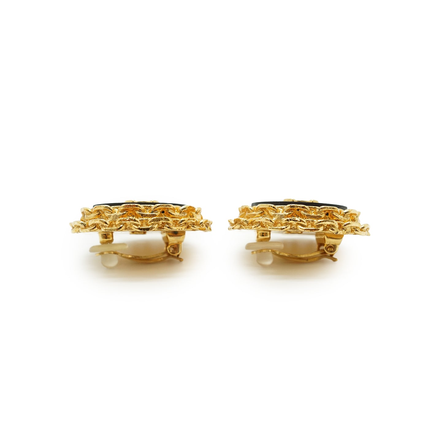 CC Bicolor Chain-Trim Large Round Clip-on Earrings GP