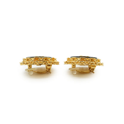 CC Bicolor Chain-Trim Large Round Clip-on Earrings GP