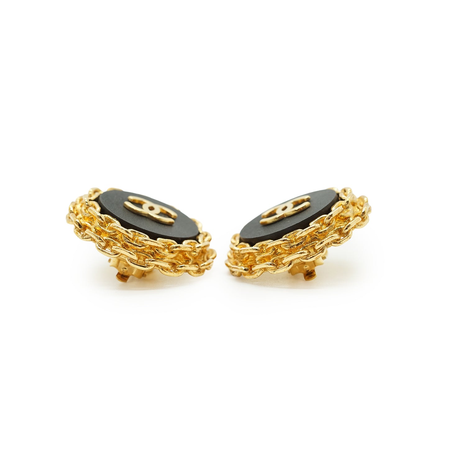 CC Bicolor Chain-Trim Large Round Clip-on Earrings GP