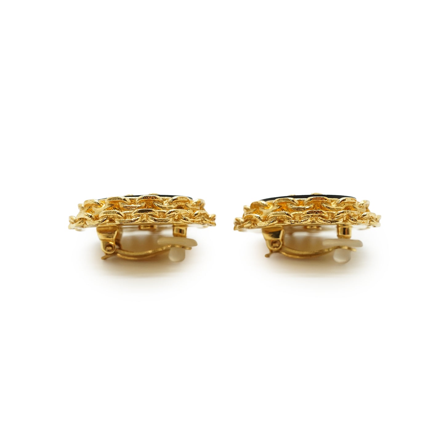 CC Bicolor Chain-Trim Large Round Clip-on Earrings GP