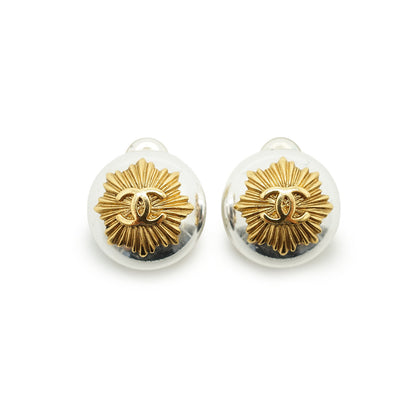 Vintage Gold Silver CC Sunburst Clip-on Earrings