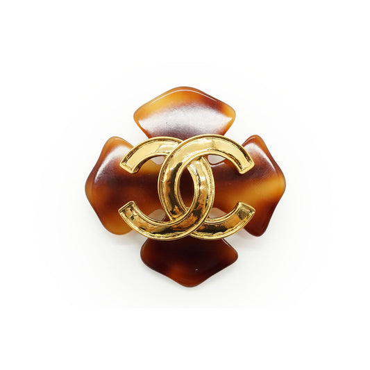 Vintage CC Four-Leaf Clover Tortoiseshell-Effect Large Brooch GP
