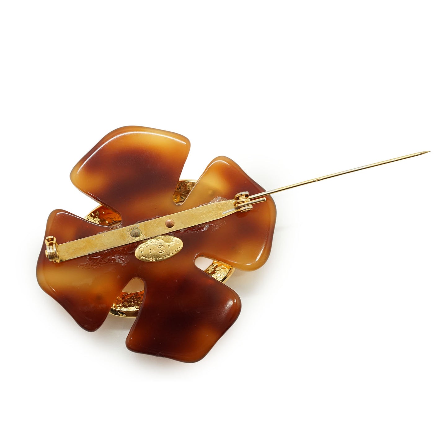 Vintage CC Four-Leaf Clover Tortoiseshell-Effect Large Brooch GP