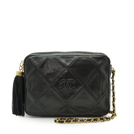 CC Lambskin Fringe Diamond-Quilted Chain Shoulder Camera Bag