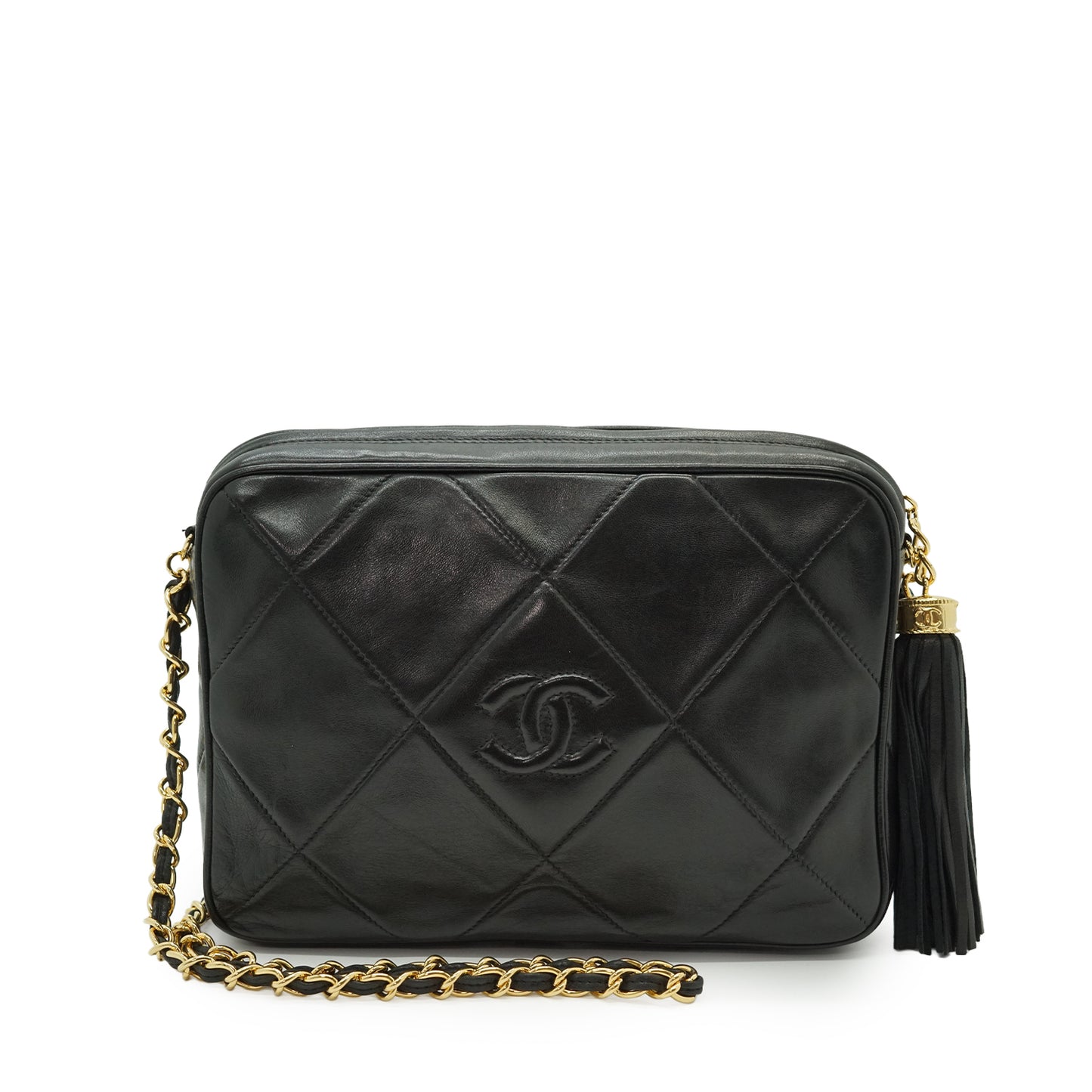 CC Lambskin Fringe Diamond-Quilted Chain Shoulder Camera Bag