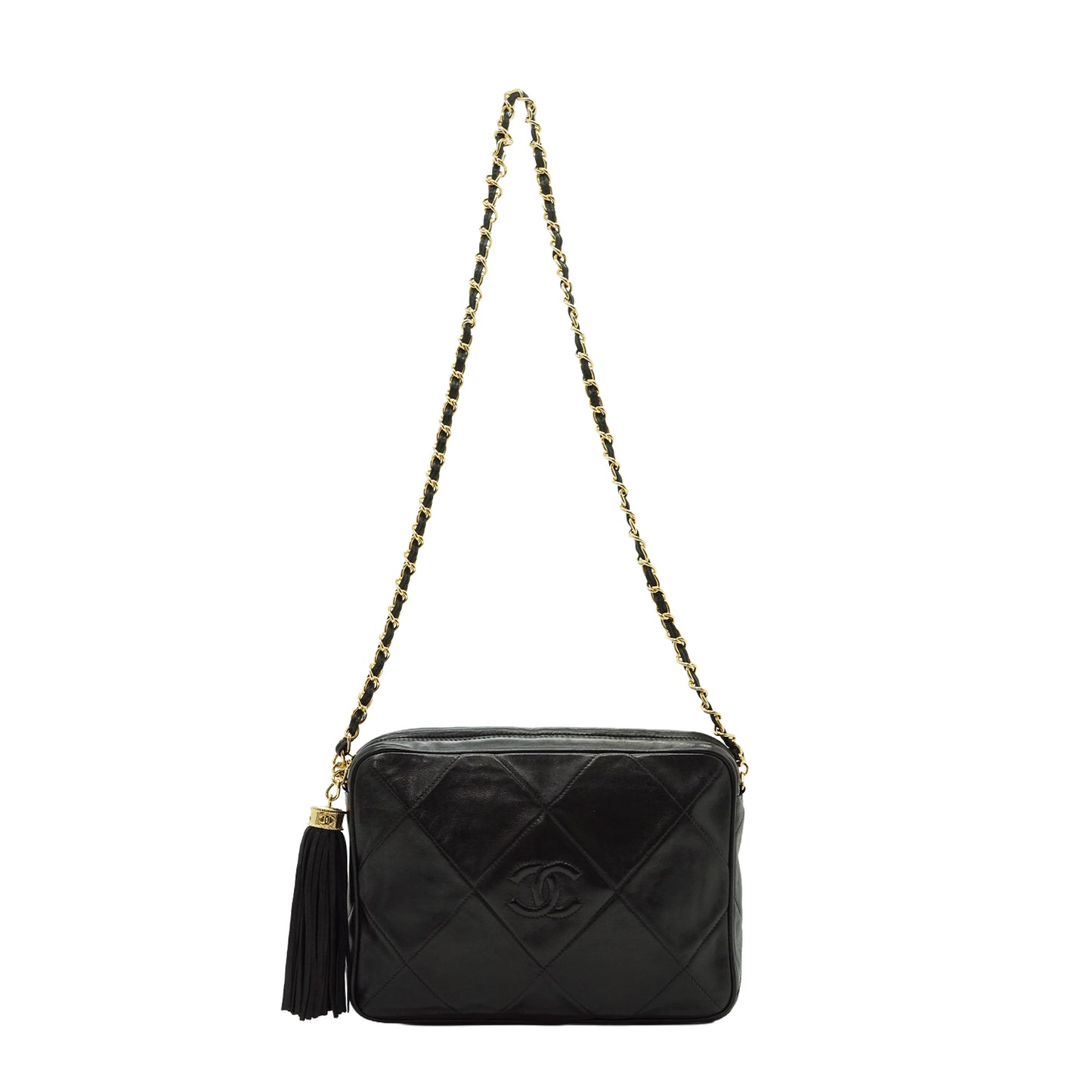 CC Lambskin Fringe Diamond-Quilted Chain Shoulder Camera Bag